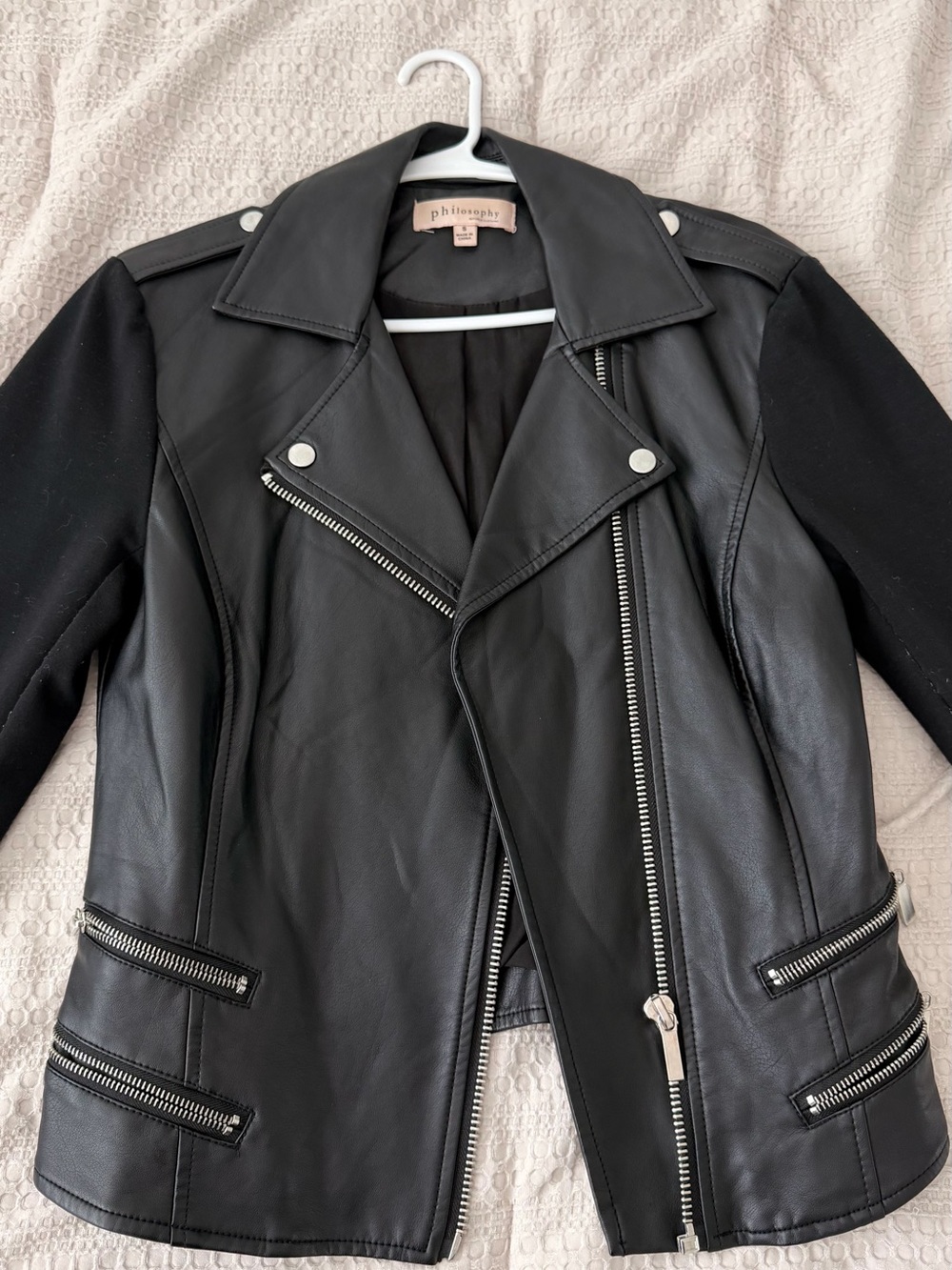 Philosophy Black Faux Leather Moto Jacket with Knit Sleeves